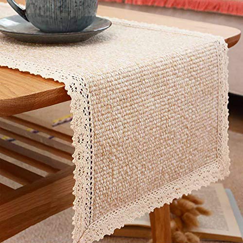 Tasera Burlap Cream Lace Table Runners Table Runner, Fashion Contracted Tea Table Cover Table Linen for Restaurant Kitchen Dining Wedding Party Banquet Events Farmhouse Decor (12″ W x82 L)