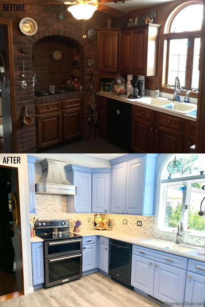 Farmhouse Kitchen Remodeled From Dark Brick + Brown To Bright Blues + Whites
