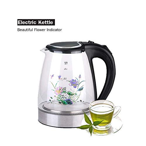Electric Kettle Glass and Steel (1.8L)  with Unique and Beautiful Magic Heat Flower  Cordless  Fast Boiling  Auto Shutoff  Blue Illumination  LED Indicator Light  1200W  FDA Approved