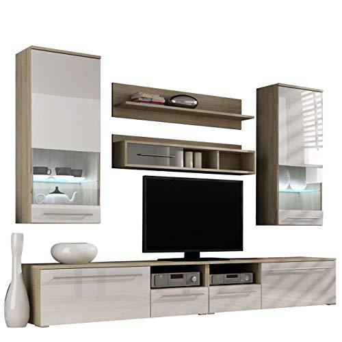 Domovero Kansas Wall Unit for any size TV Contemporary Furniture for Living Room/Entertainment Center with multicolor LED lights system Color oak sonoma & white
