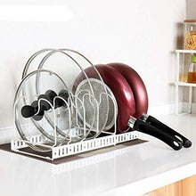 Load image into Gallery viewer, Discover advutils expandable pots and pans organizer rack for cabinet holds 7 pans lids to keep cupboards tidy adjustable bakeware rack for kitchen and pantry