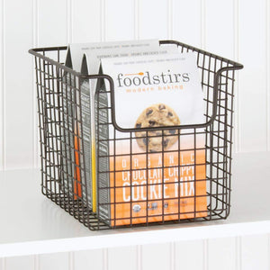 Kitchen mdesign household metal kitchen pantry food storage organizer basket bin farmhouse grid design or cabinets cupboards shelves holds potatoes onions fruit 8 wide 8 pack bronze