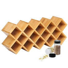 Load image into Gallery viewer, Storage organizer criss cross 18 jar bamboo countertop spice rack organizer kitchen cabinet cupboard wall mount door spice storage fit for round and square spice bottles free standing for counter cabinet or drawers