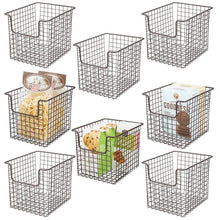 Load image into Gallery viewer, Featured mdesign household metal kitchen pantry food storage organizer basket bin farmhouse grid design or cabinets cupboards shelves holds potatoes onions fruit 8 wide 8 pack bronze
