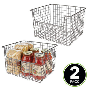 Results mdesign metal kitchen pantry food storage organizer basket farmhouse grid design with open front for cabinets cupboards shelves holds potatoes onions fruit 12 wide 2 pack graphite gray